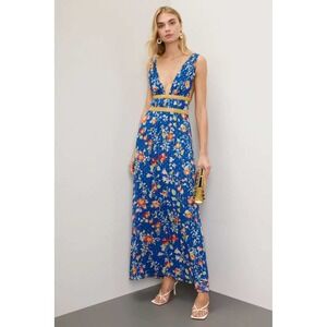 Rixo London Charlotte Floral Maxi DressBlue Gold Open Back Sleeveless Sz XS